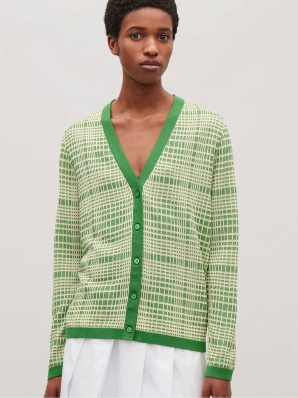 COS Checked Jacquard Knit Cardigan Bright Green Ecru Textured Geometric Retro 70